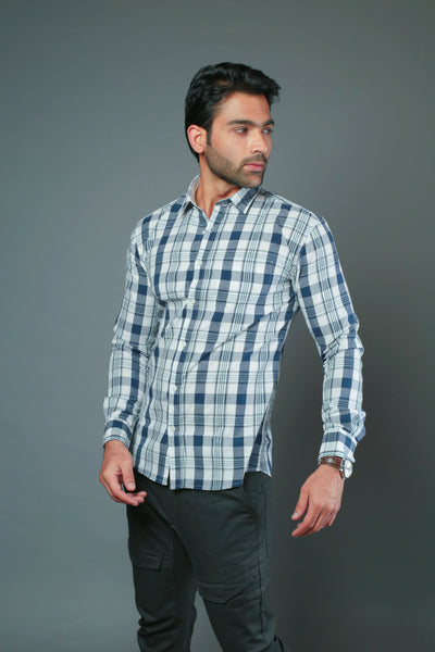 Men Block Checks Blue & White Slim Fit Casual Shirt