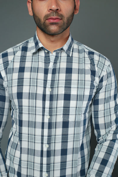 Men Block Checks Blue & White Slim Fit Casual Shirt