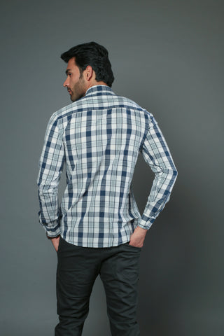 Men Block Checks Blue & White Slim Fit Casual Shirt