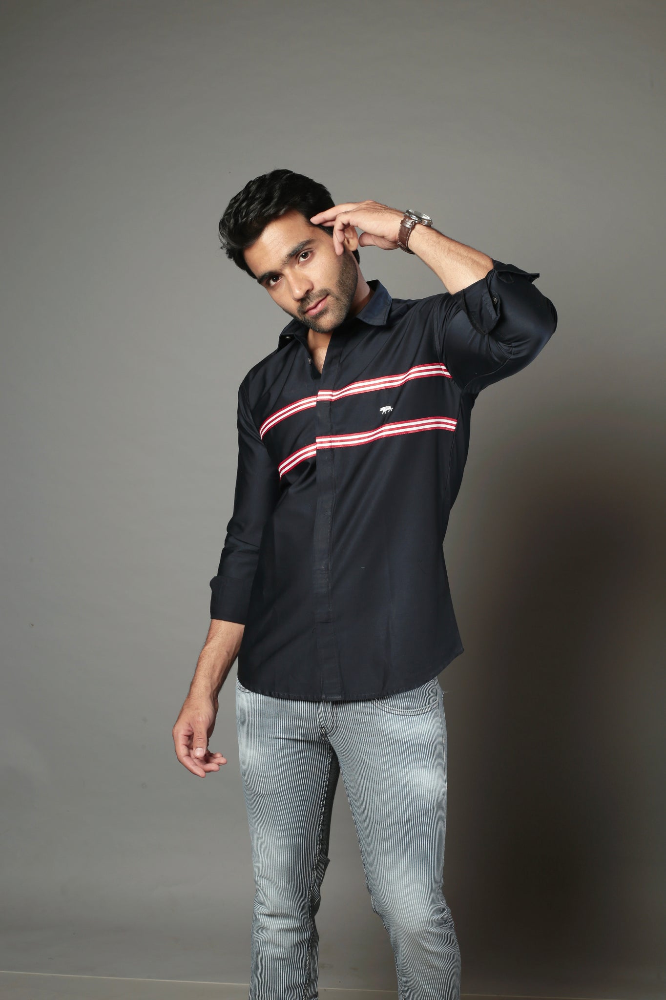 Men Solid Navy Blue Color With Cross Strip Slim Fit Casual Shirt