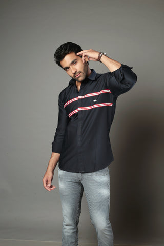 Men Solid Navy Blue Color With Cross Strip Slim Fit Casual Shirt