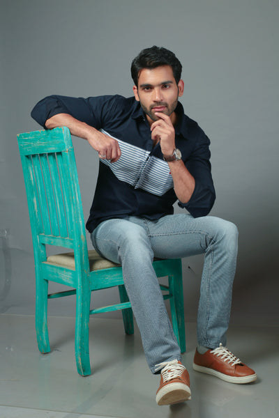 Navy Blue & Blue lines Slim Fit Casual Shirt