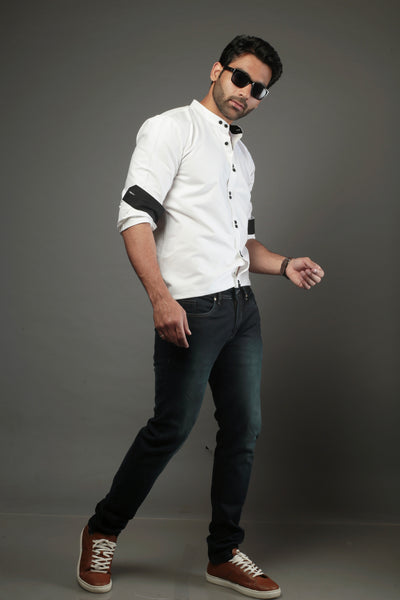 Men Solid White with double button Slim Fit Casual Shirt