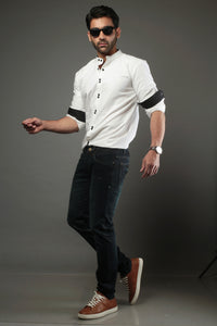 Men Solid White with double button Slim Fit Casual Shirt