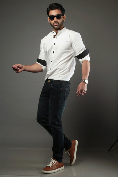 Men Solid White with double button Slim Fit Casual Shirt