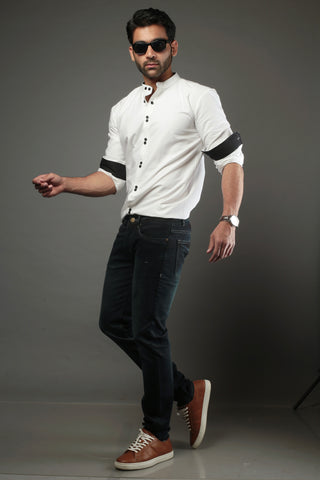 Men Solid White with double button Slim Fit Casual Shirt