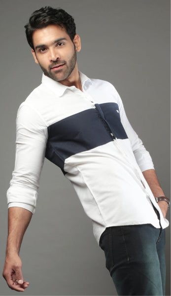 White & Black Color Block Slim Fit Casual Shirt