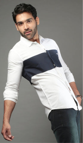 White & Black Color Block Slim Fit Casual Shirt