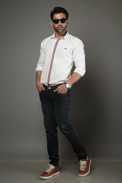 Men Solid White color with lace strip Slim Fit Casual Shirt
