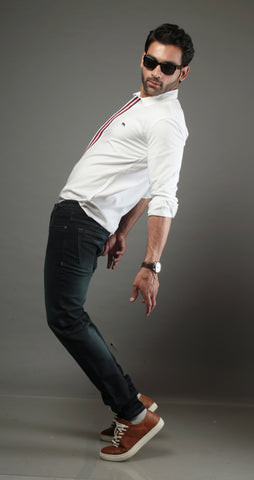Men Solid White color with lace strip Slim Fit Casual Shirt