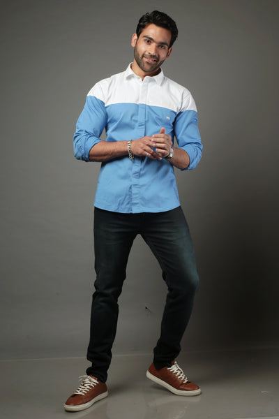Sky Blue & White Color blocked Slim Fit Casual Shirt