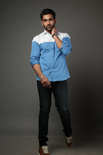Sky Blue & White Color blocked Slim Fit Casual Shirt