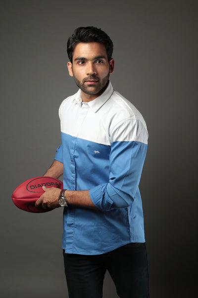 Sky Blue & White Color blocked Slim Fit Casual Shirt