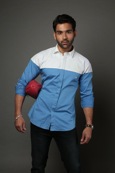 Sky Blue & White Color blocked Slim Fit Casual Shirt