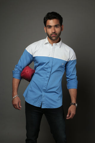 Sky Blue & White Color blocked Slim Fit Casual Shirt