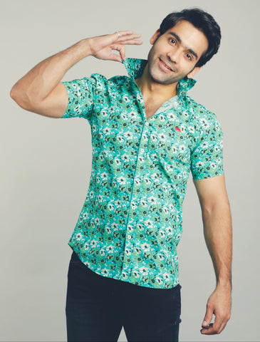 Men Green flower print Slim Fit Casual Shirt