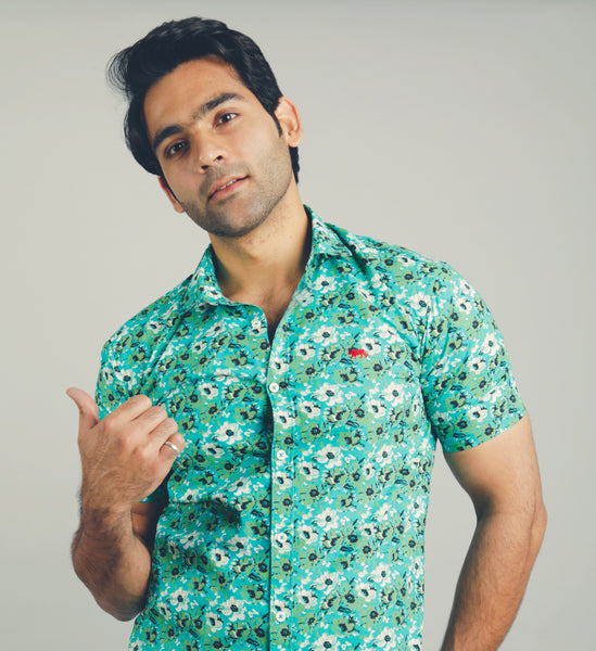 Men Green flower print Slim Fit Casual Shirt