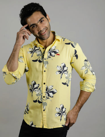 Yellow flower printed mens shirt
