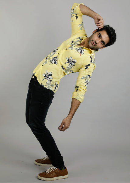 Yellow flower printed mens shirt