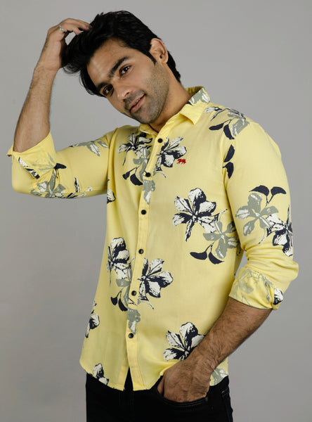 Yellow flower printed mens shirt