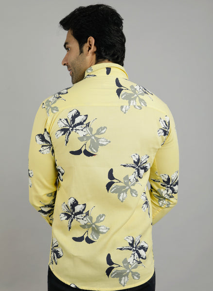 Yellow flower printed mens shirt