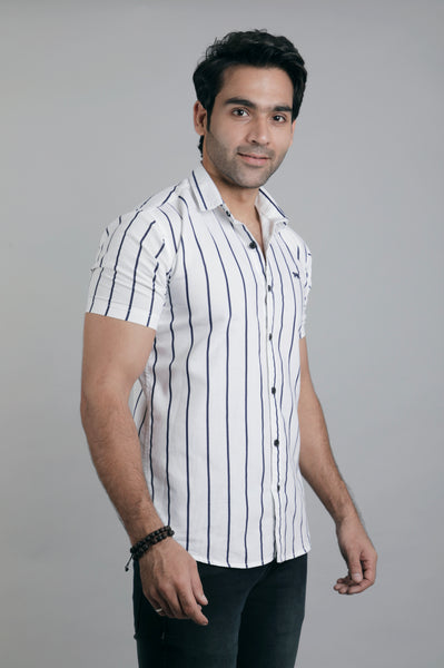 White & Black lines Half Sleeves Slim Fit Casual Shirt