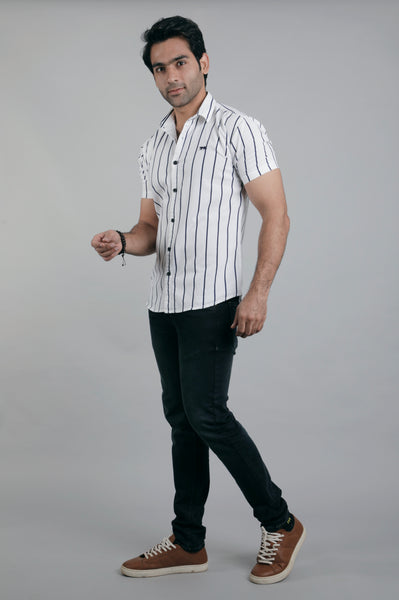 White & Black lines Half Sleeves Slim Fit Casual Shirt