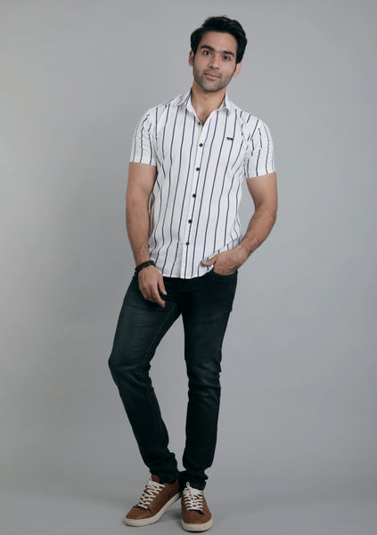 White & Black lines Half Sleeves Slim Fit Casual Shirt