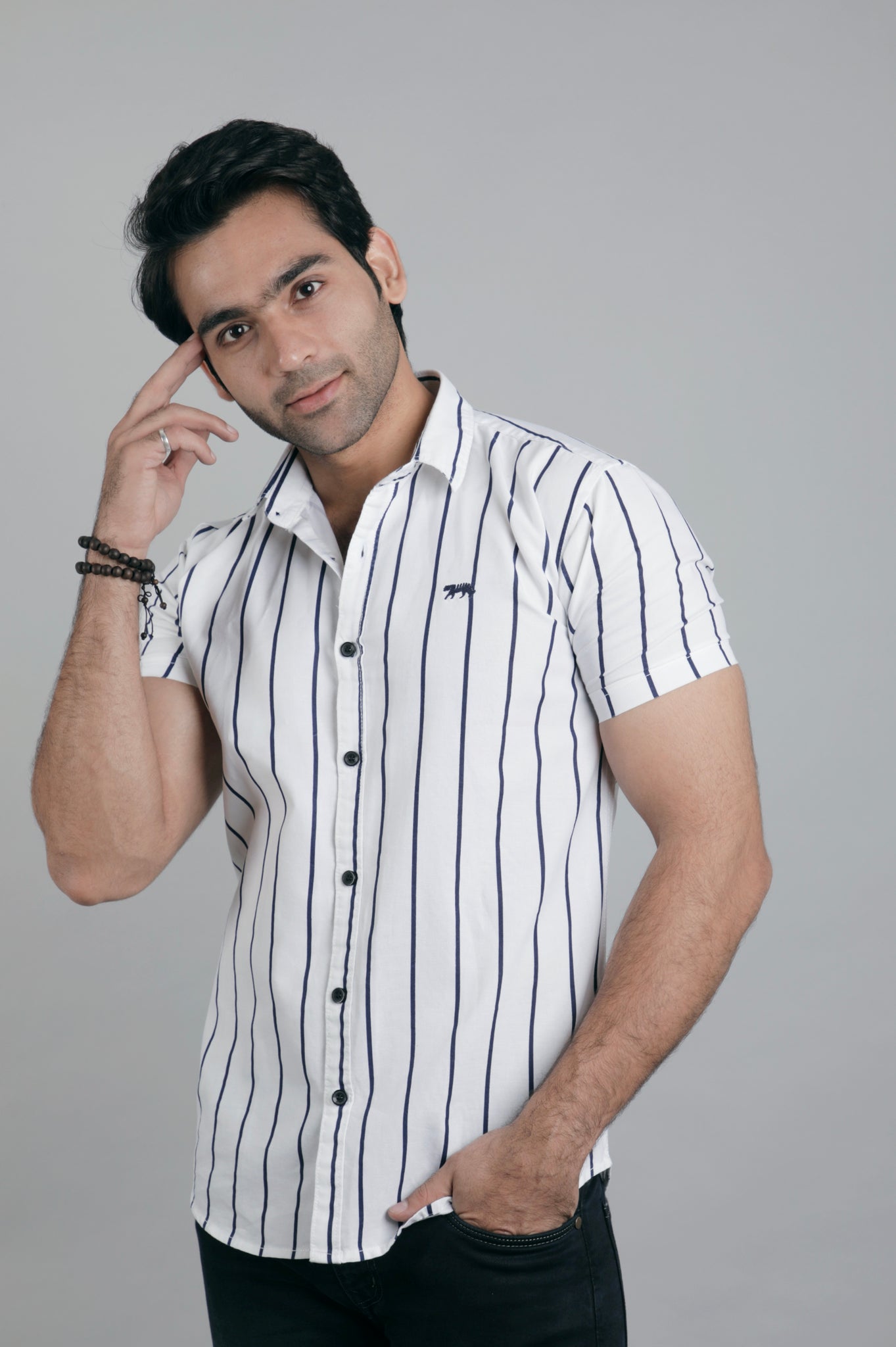 White & Black lines Half Sleeves Slim Fit Casual Shirt