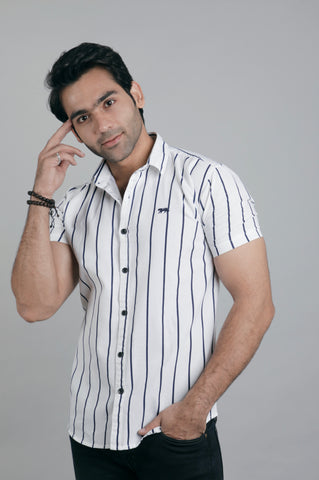 White & Black lines Half Sleeves Slim Fit Casual Shirt