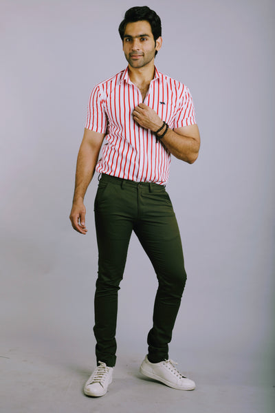 Red lines Half Sleeves Slim Fit Casual Shirt