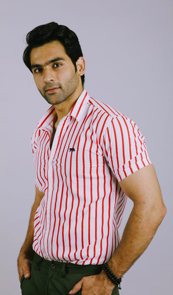 Red lines Half Sleeves Slim Fit Casual Shirt
