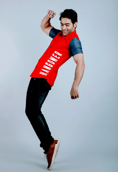 Red & Denim sleeves Color Block Slim Fit Casual Shirt