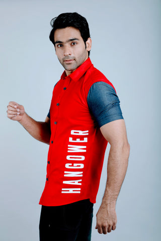 Red & Denim sleeves Color Block Slim Fit Casual Shirt