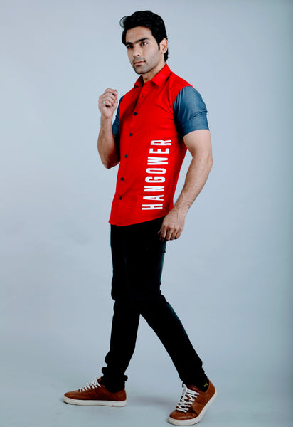 Red & Denim sleeves Color Block Slim Fit Casual Shirt