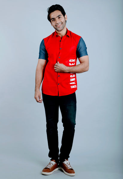 Red & Denim sleeves Color Block Slim Fit Casual Shirt