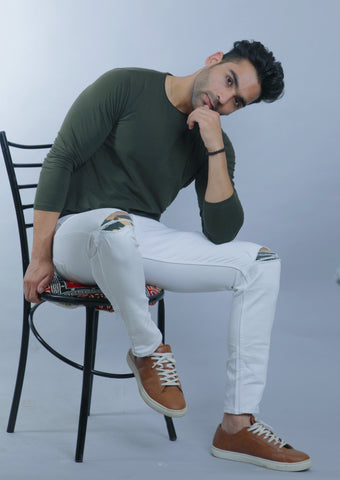 Mens White Knee Cut Ankle Fit Jeans