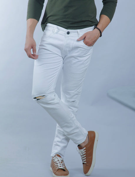 Mens White Knee Cut Ankle Fit Jeans