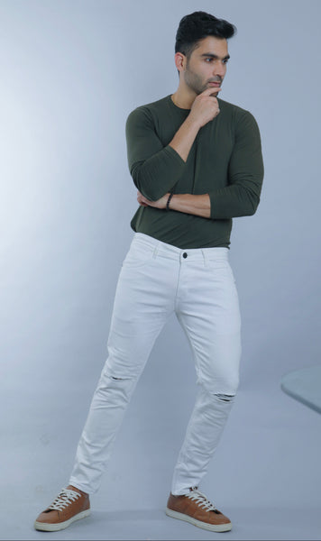 Mens White Knee Cut Ankle Fit Jeans
