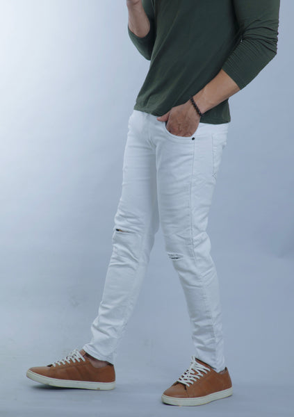 Mens White Knee Cut Ankle Fit Jeans