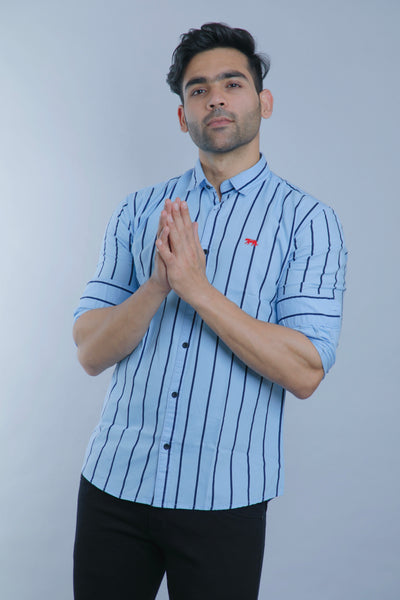 Sky Blue Stripes Full Sleeves Slim Fit Casual Shirt