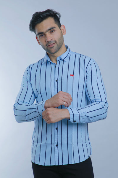 Sky Blue Stripes Full Sleeves Slim Fit Casual Shirt