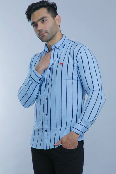 Sky Blue Stripes Full Sleeves Slim Fit Casual Shirt