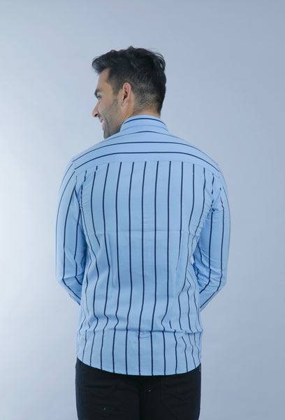 Sky Blue Stripes Full Sleeves Slim Fit Casual Shirt
