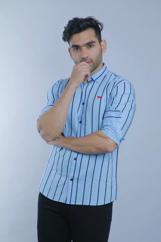 Sky Blue Stripes Full Sleeves Slim Fit Casual Shirt