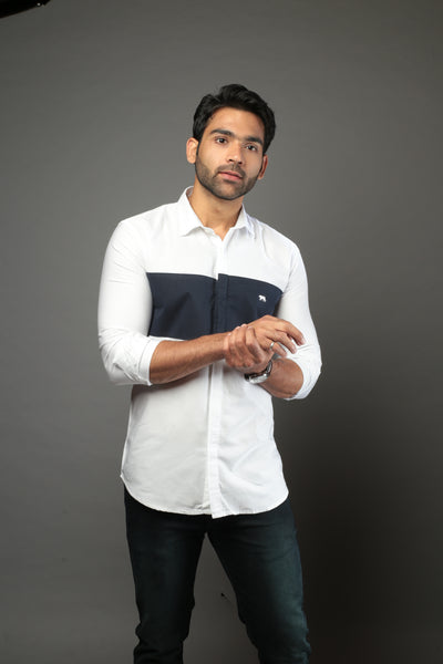 White & Black Color Block Slim Fit Casual Shirt
