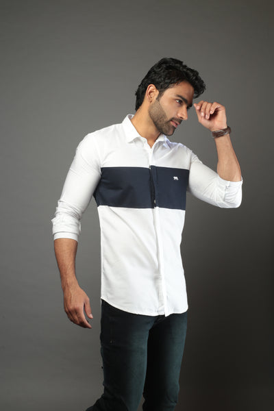 White & Black Color Block Slim Fit Casual Shirt