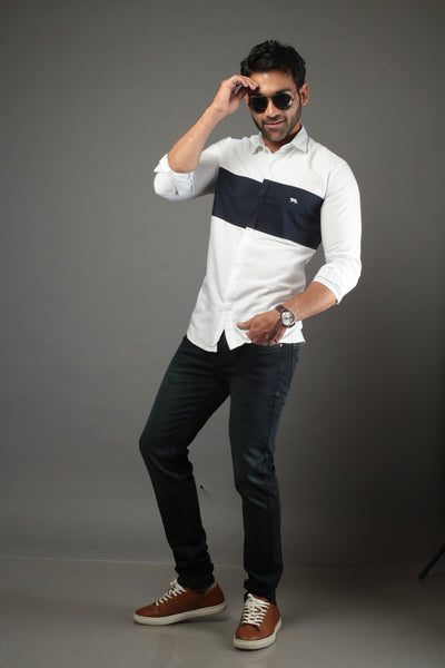 White & Black Color Block Slim Fit Casual Shirt