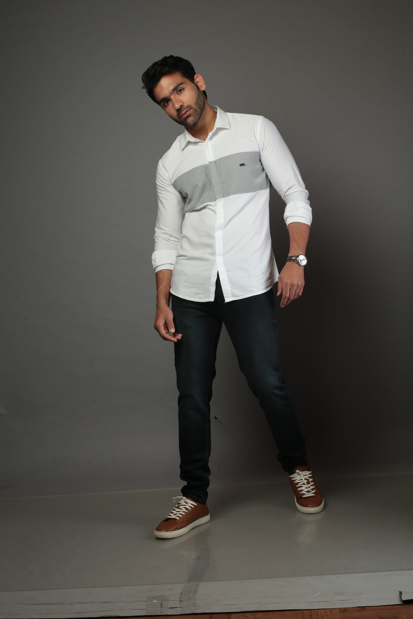 White & Small Checks Slim Fit Casual Shirt