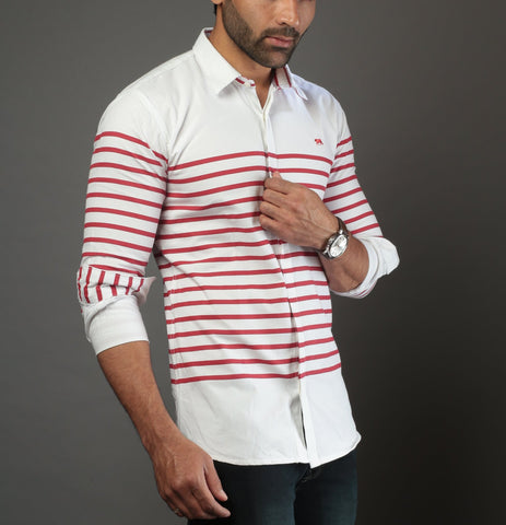 Men White & Red Stripe Slim Fit Casual Shirt